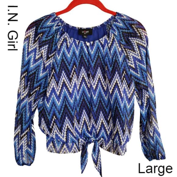 I.N. Girl Lg Tie-Front Blouse 14 Blue Chevron Long Sleeve Cottage Zig Zag Top - Picture 1 of 5
